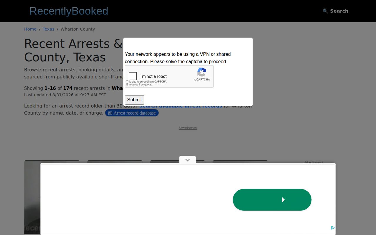 RecentlyBooked Wharton County page screenshot used as nonofficial source context
