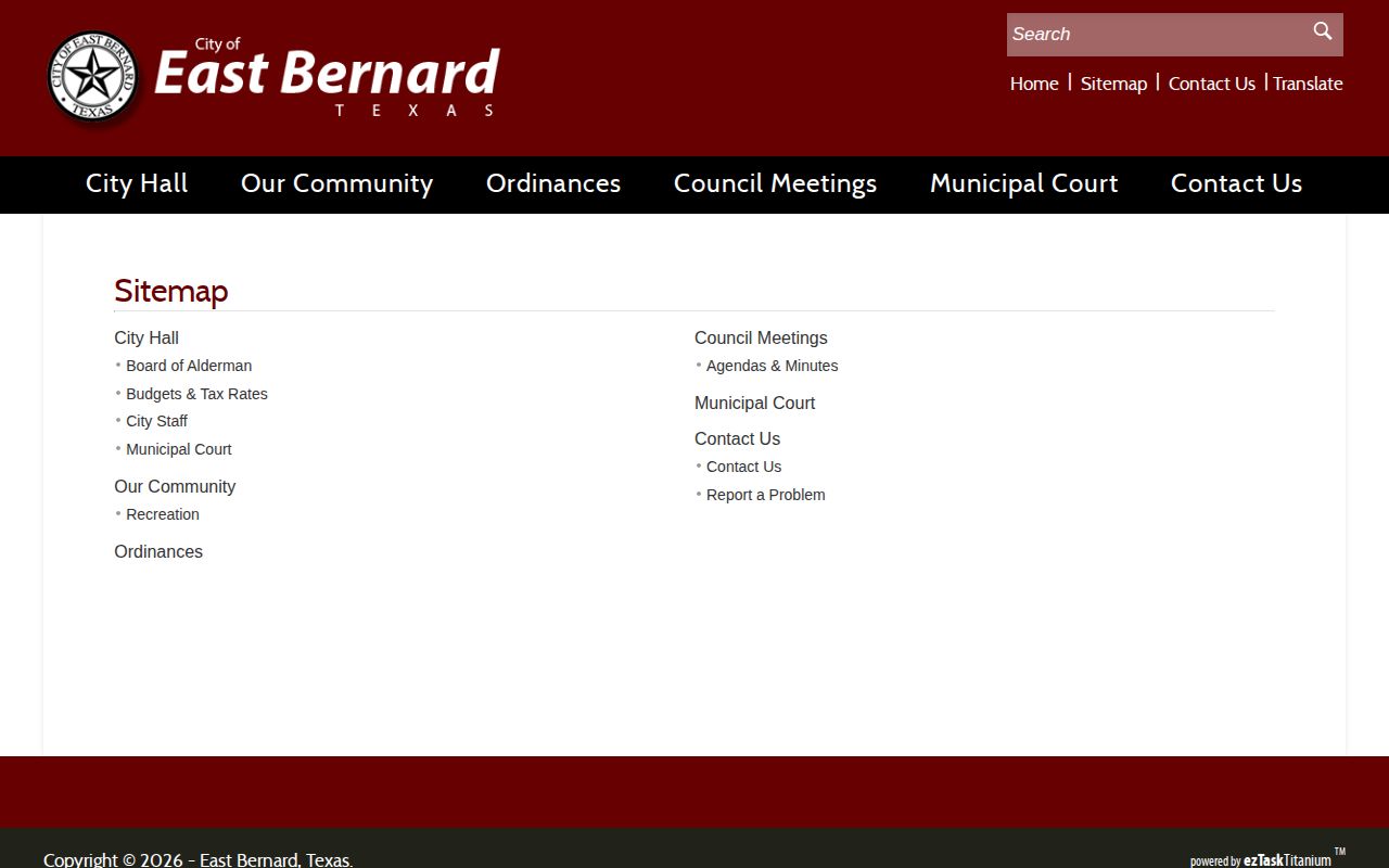 Wharton County East Bernard booking-record source shown on the official city sitemap