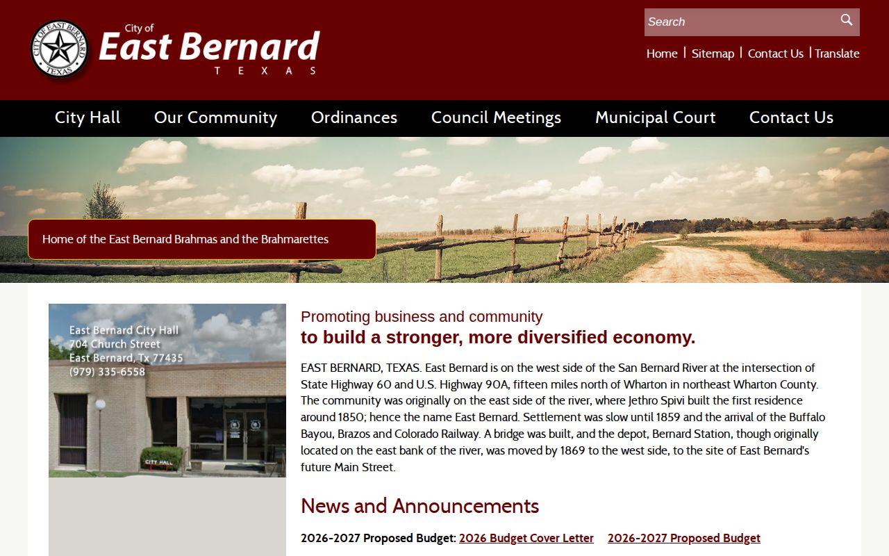 Wharton County East Bernard booking-record source on the official city site