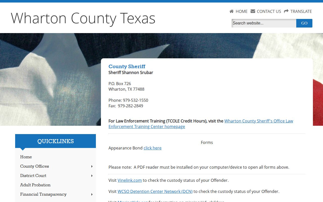 Wharton County booking record source on the official Sheriff's Office page